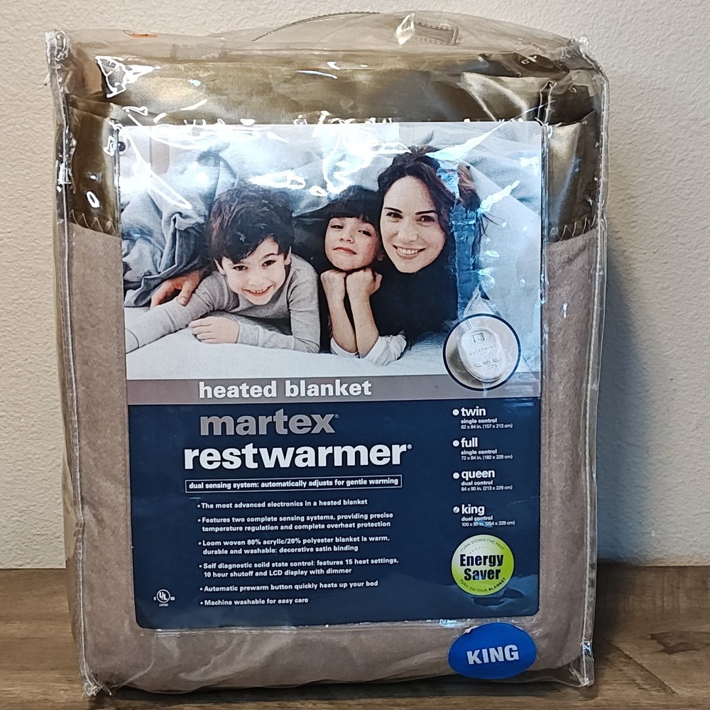 Martex Restwarmer Heated Blanket King Tan Dual Control 15 Heat Settings NIB